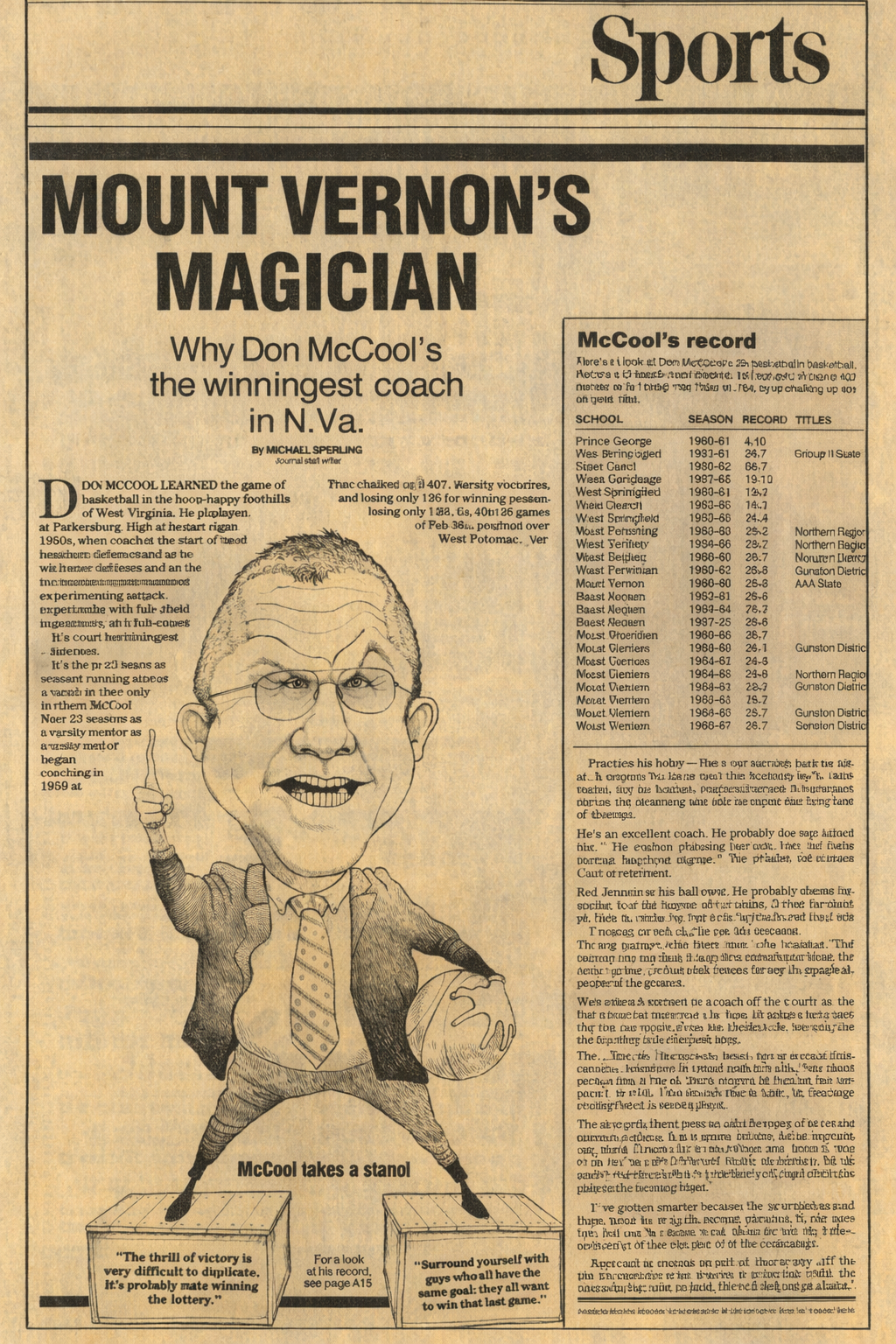 Newspaper feature headlined Mount Vernon's Magician, with a caricature of Coach McCool.