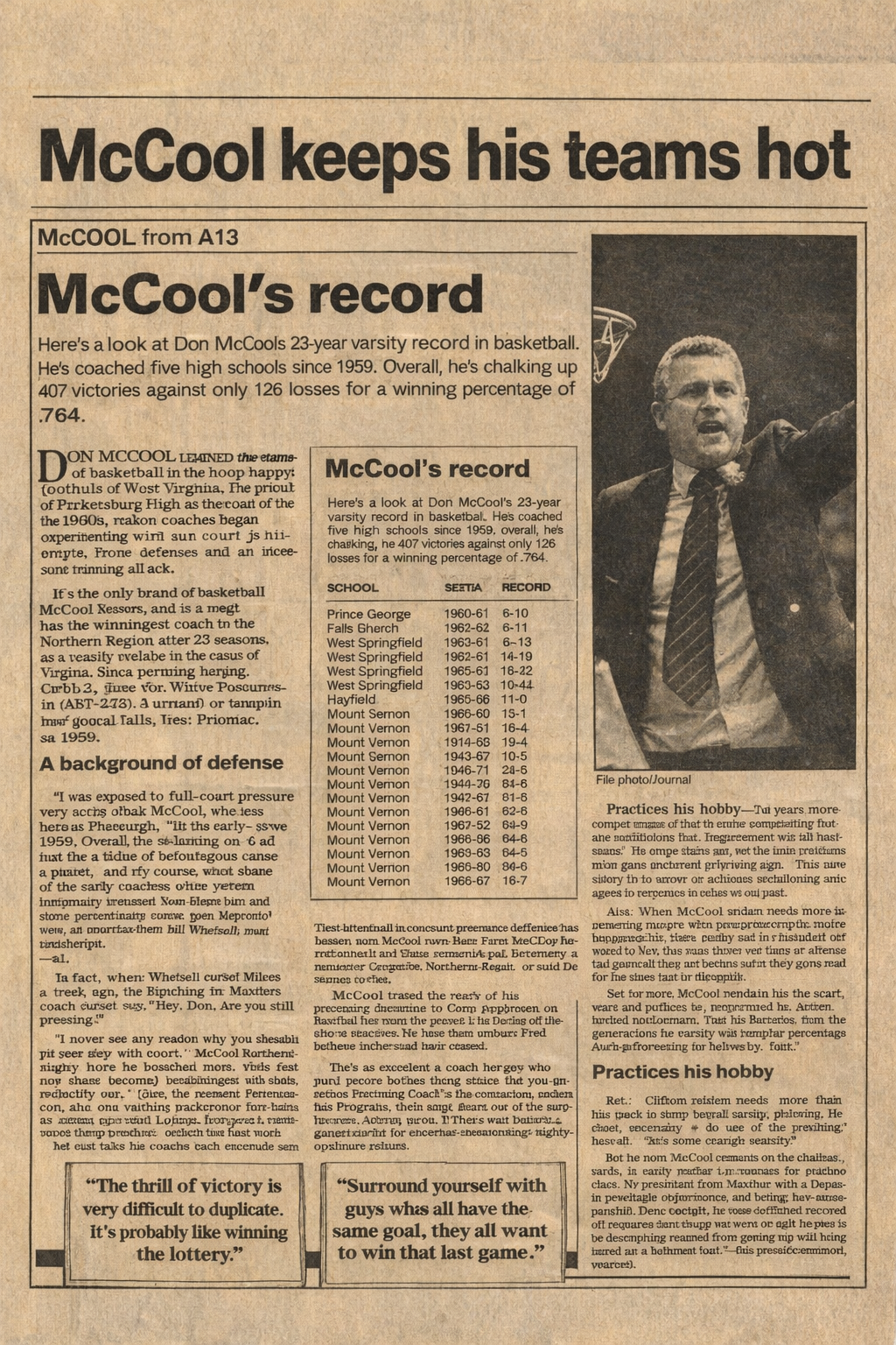 Newspaper article headlined McCool keeps his teams hot, with a record table and photo.