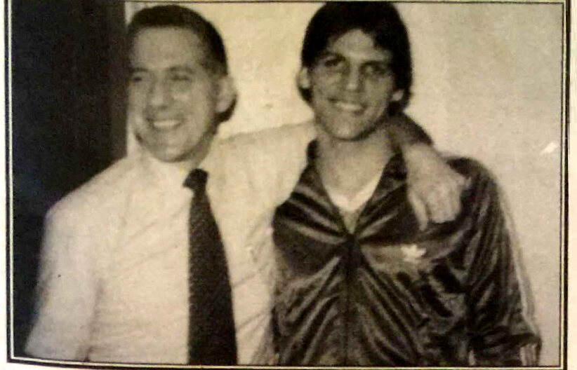 Coach Don McCool and a young Sean C. Bowers, both smiling, in 1982.