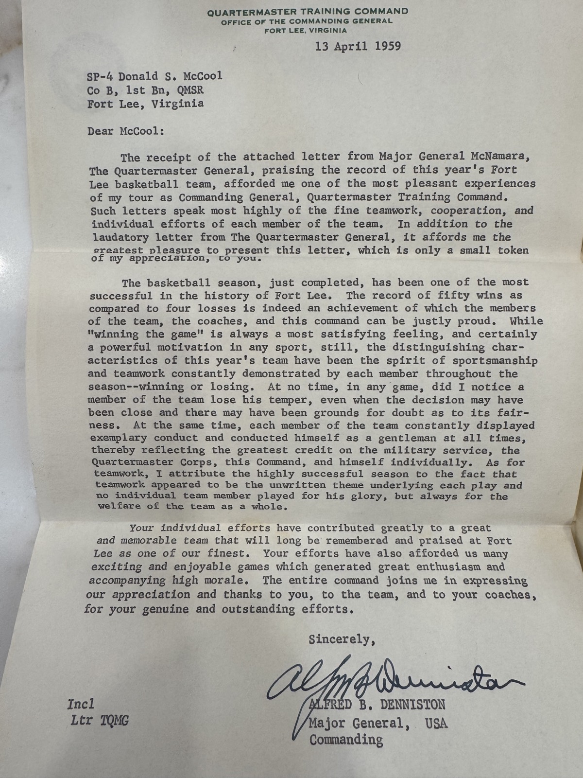 Typed 1959 U.S. Army letter from Major General Alfred B. Denniston to SP-4 Donald S. McCool praising the Fort Lee basketball team.