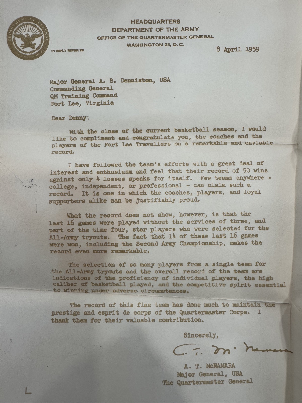 Typed 1959 U.S. Army letter from Major General A. T. McNamara, The Quartermaster General, congratulating the Fort Lee Travellers on a 50-4 season.